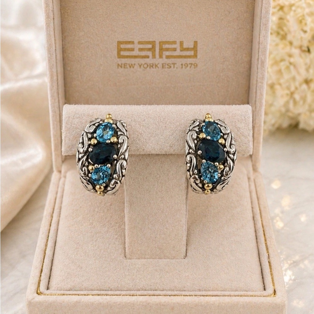 Effy 925 Silver Blue Topaz/18Kyellow gold, Blue Topaz  Cluster earrings/NEW/GIFT